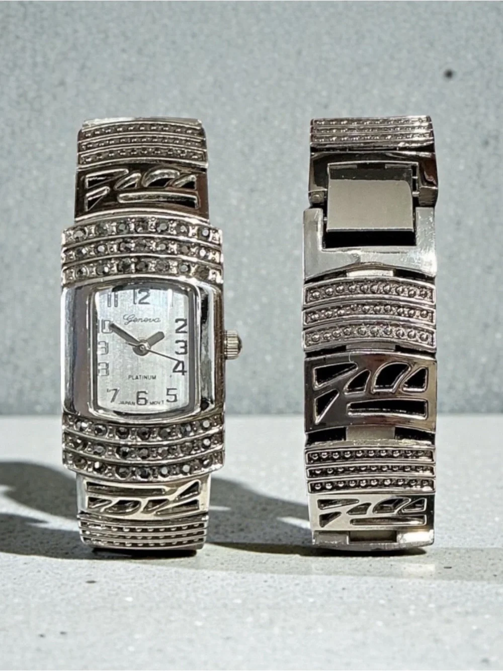 Geneva Y2K Vintage Platinum with Back & Crystal Rhinestones Tonneau Shaped Face